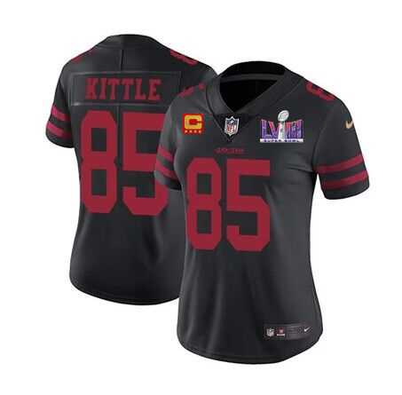 Womens San Francisco 49ers #85 George Kittle Black Super Bowl LVIII Patch And 4-star C Patch Vapor Untouchable Limited Stitched Jersey(Runs Small)
